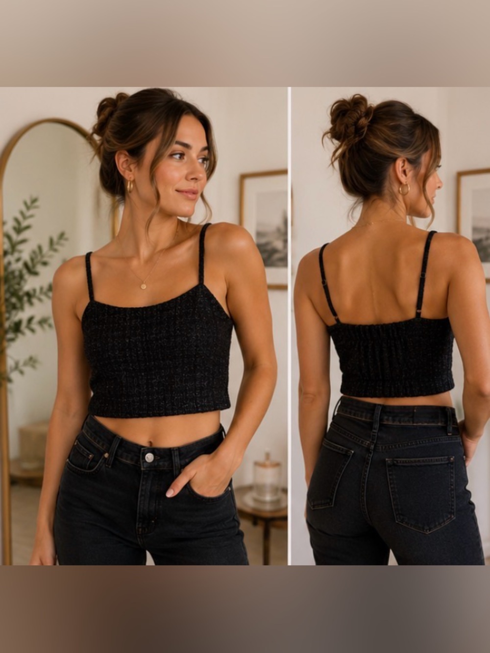 Abercrombie & Fitch Black Textured Bouclé Crop Cami Top Size M